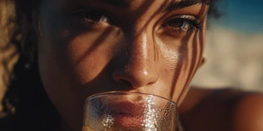 A cinematic close-up of a young woman at the beach, sipping juice from a transparent glass with condensation. The sunlig