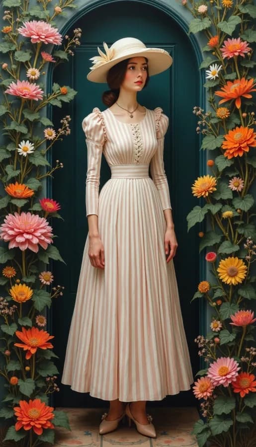 An oil painting in the style of René Magritte, featuring a young Victorian woman dressed in a white and pale pink geomet