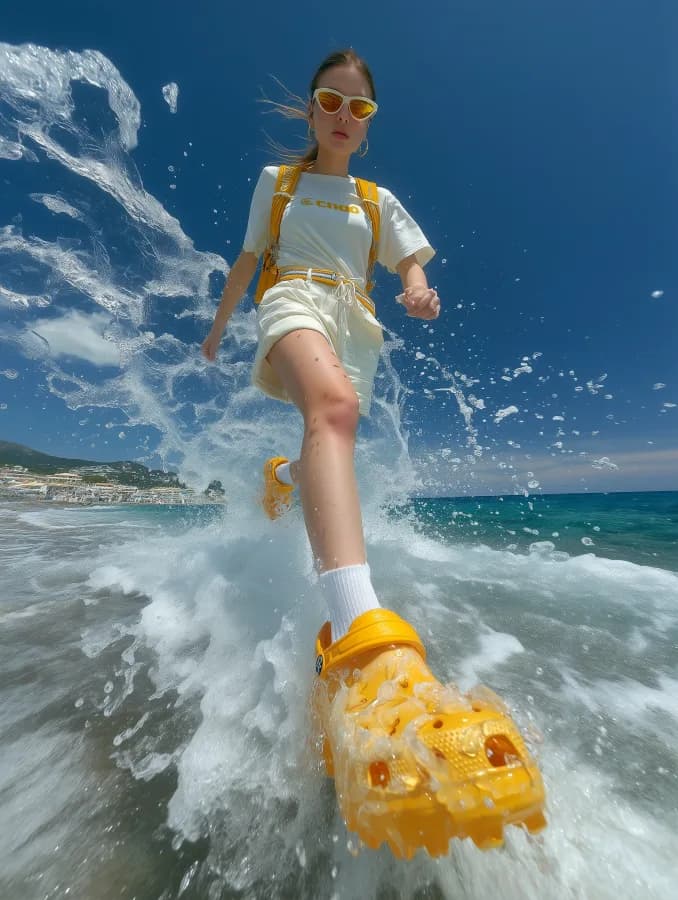A surreal, dynamic shot of a young woman from below, set against the waves of the sea. She is wearing a T-shirt, shorts,
