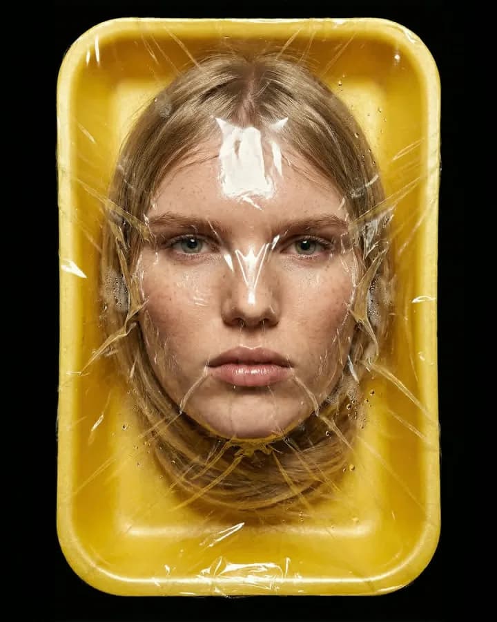 Photorealistic portrait of a beautiful young woman, face pressed tightly against thick transparent plastic wrap sealing 