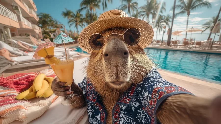 A relaxed capybara wearing a straw hat, dark blue shirt with red floral print and stylish sunglasses lounges on a white 