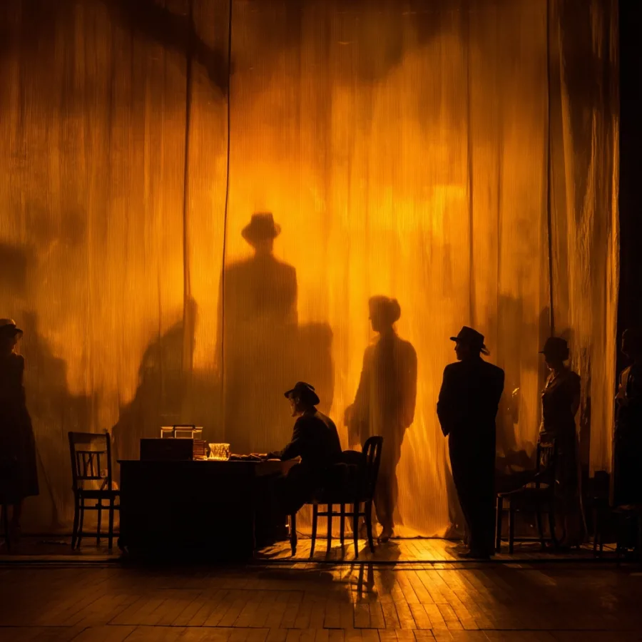 A dramatic theater stage scene with full light on the background play (Play-play), showing detailed characters acting be