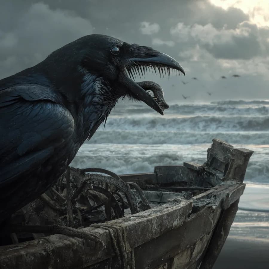 Making variations for image #3 with prompt a raven is perched on what's left of a broken, battered, and shiprecked rowbo