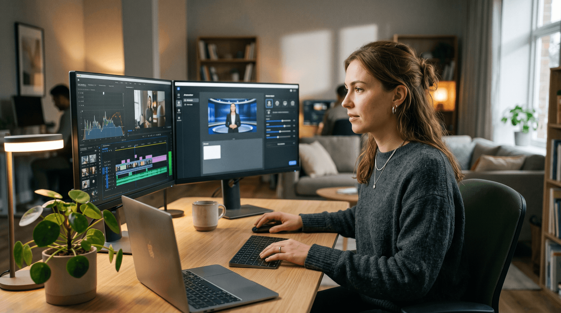 A person editing a training video across dual monitors in a home office